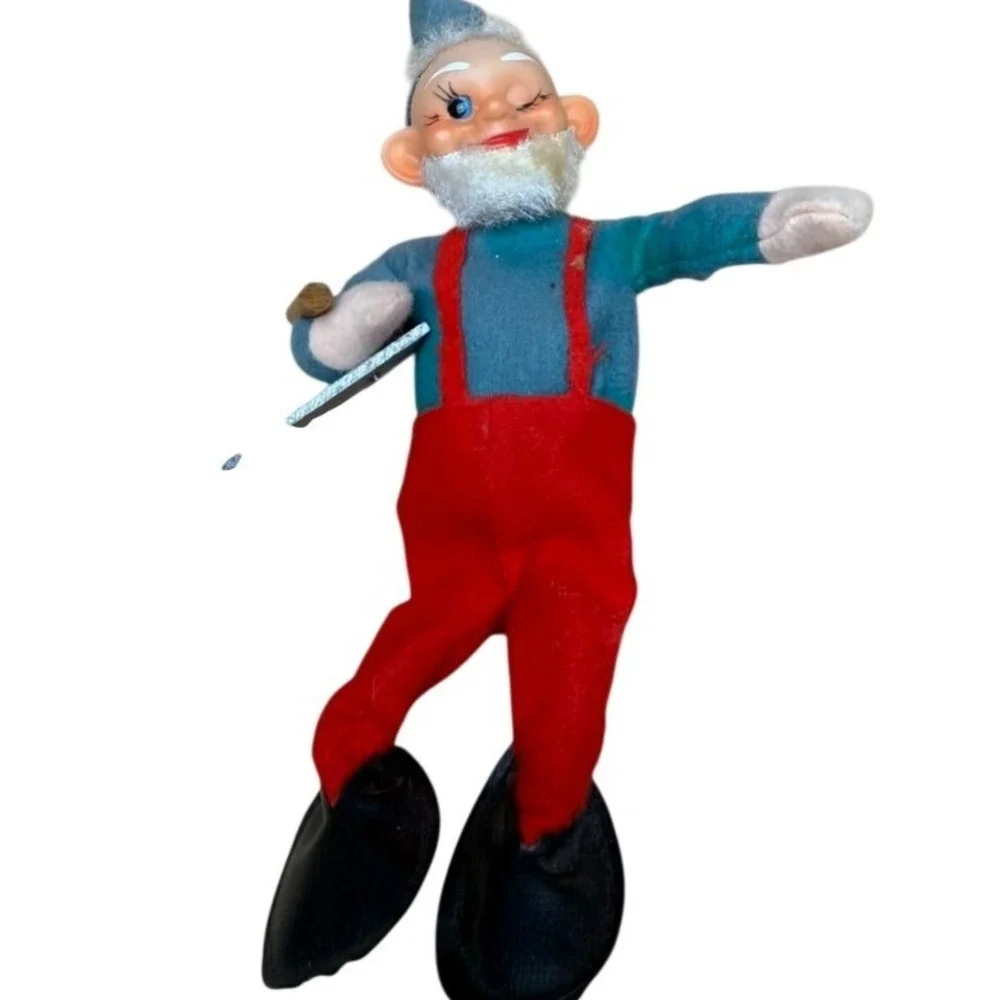Vintage Whimsical Elf Figurine Red Overalls GR Shirt Winking Holding Trowel Tool